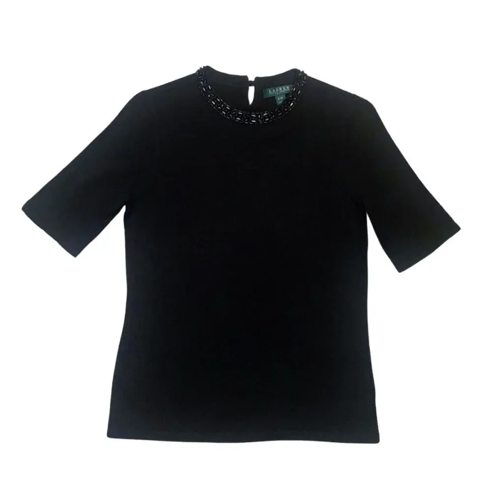 Ralph Lauren Black Cashmere Silk Short Sleeve Sweater Medium Petite Embellished
